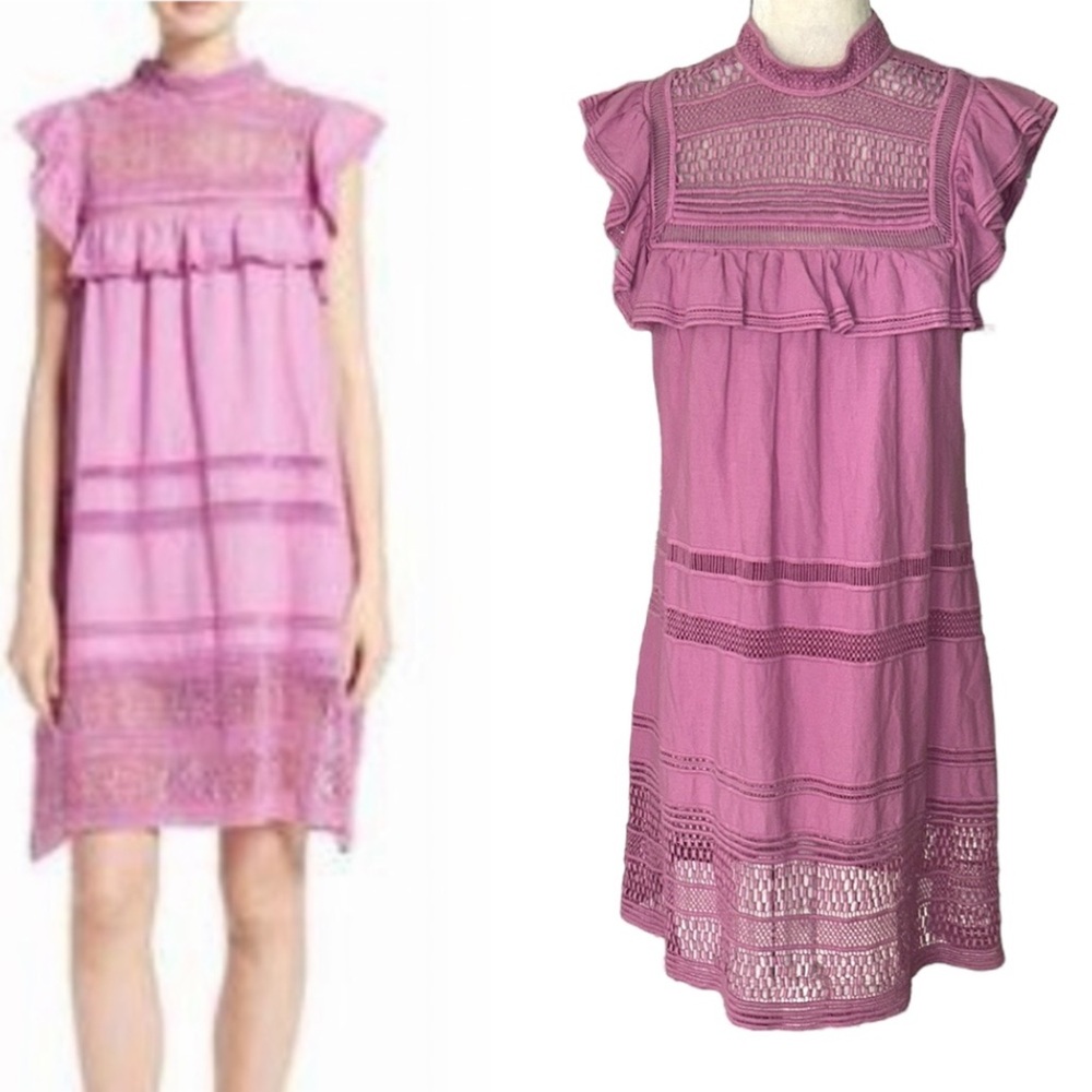 Sea New York Pink Purple Crochet Lace Embroidered Cutout Ruffle Mini Dress - 4